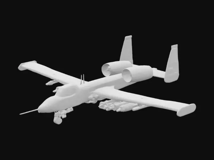 3D model for A-10 Thunderbolt II military aircraft, also known as Warthog, highly detailed and realistic, twin turbofan engines mounted high on the rear fuselage, straight wings with heavy armament including rockets and missiles, 30mm GAU-8 Avenger rotary cannon in the nose, rugged landing gear, desert camouflage paint, realistic textures and proportions, 3D model for rendering or animation