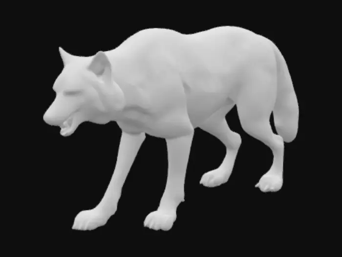 3D model for Ultra-detailed 3D model of an extinct giant white wolf, standing in a powerful, neutral pose. Anatomically realistic yet exaggerated in scale—massive frame, broad chest, long muscular legs, and large paws with visible claws. Thick, dense white fur with slight variations in hue (icy grays and silvers) to emphasize texture and depth. Large, sharp ears slightly back, piercing pale blue or golden eyes with a primal, ancient expression. Long bushy tail and pronounced fangs barely visible from the muzzle. Subtle battle scars and environmental wear on fur for realism. Ultra-high-resolution fur textures with layered depth and movement. No background. Studio-style lighting. Designed for cinematic quality and detailed creature rendering
