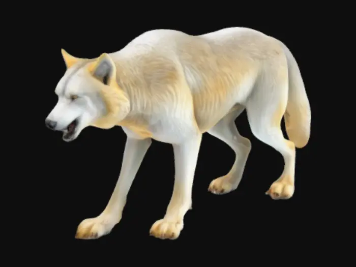 3D model for Ultra-detailed 3D model of an extinct giant white wolf, standing in a powerful, neutral pose. Anatomically realistic yet exaggerated in scale—massive frame, broad chest, long muscular legs, and large paws with visible claws. Thick, dense white fur with slight variations in hue (icy grays and silvers) to emphasize texture and depth. Large, sharp ears slightly back, piercing pale blue or golden eyes with a primal, ancient expression. Long bushy tail and pronounced fangs barely visible from the muzzle. Subtle battle scars and environmental wear on fur for realism. Ultra-high-resolution fur textures with layered depth and movement. No background. Studio-style lighting. Designed for cinematic quality and detailed creature rendering