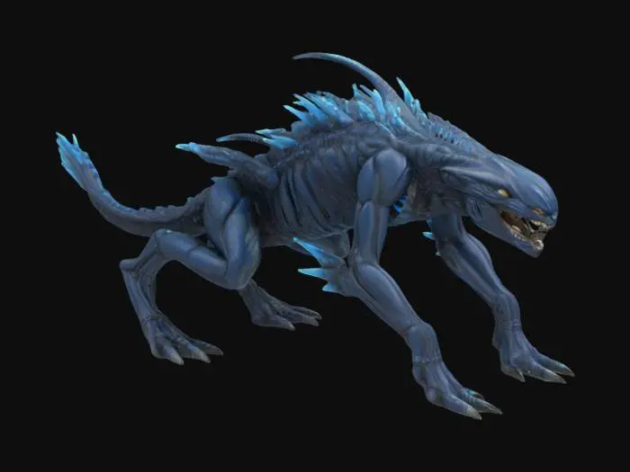 3D model for Ultra-detailed 3D model of a large six-legged alien predator inspired by a panther and a reptile. Smooth, glossy black skin with subtle bioluminescent blue patterns along the spine and limbs. Extremely muscular build, wide jaw with long, sharp teeth, and four mandible-like appendages flaring from the neck. Long flexible tail with a spiked tip, clawed feet, and an aggressive, primal facial expression. Standing in a neutral pose. No background, studio lighting. Cinematic quality textures for skin, teeth, claws, and bioluminescence