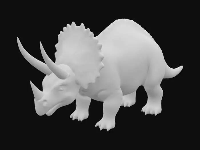 3D model for "A realistic triceratops standing firmly on four legs, detailed skin texture with scales and wrinkles, large head frill and three prominent horns, natural dinosaur anatomy, tail slightly curved, realistic proportions and pose, neutral expression, high detail for 3D modeling, natural lighting, no fantasy elements.