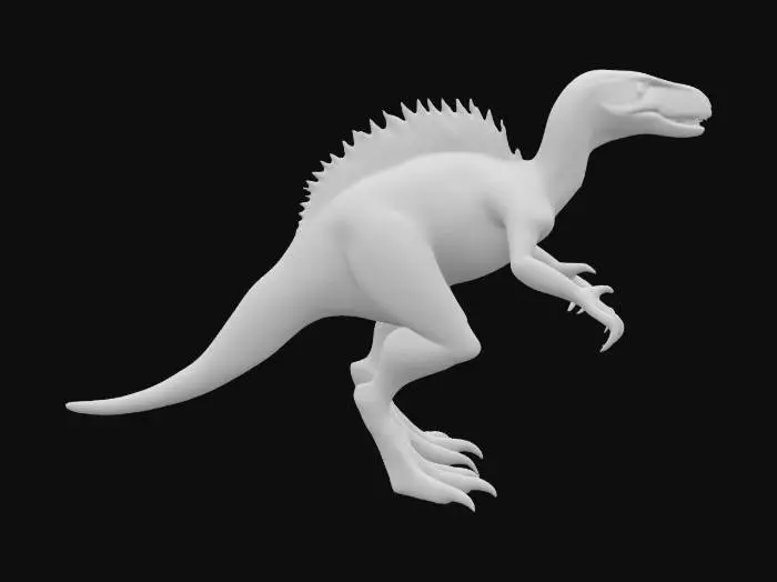 3D model for "A highly detailed 3D model of a bipedal carnivorous dinosaur, similar to a velociraptor or a small tyrannosaurus. The dinosaur has sharp teeth, muscular legs, clawed hands, and a long tail for balance. Its skin is textured with scales and has a natural dark green and brown color palette with some scars and battle marks. The pose is dynamic, as if stalking or roaring, ready to attack. The lighting is neutral, and the model is designed for use in video games or 3D printing, with realistic proportions and anatomical detail.