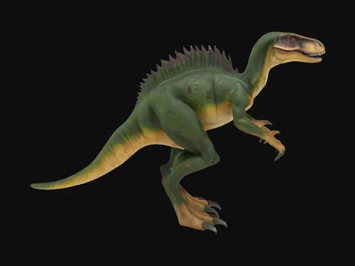 3D model for "A highly detailed 3D model of a bipedal carnivorous dinosaur, similar to a velociraptor or a small tyrannosaurus. The dinosaur has sharp teeth, muscular legs, clawed hands, and a long tail for balance. Its skin is textured with scales and has a natural dark green and brown color palette with some scars and battle marks. The pose is dynamic, as if stalking or roaring, ready to attack. The lighting is neutral, and the model is designed for use in video games or 3D printing, with realistic proportions and anatomical detail.