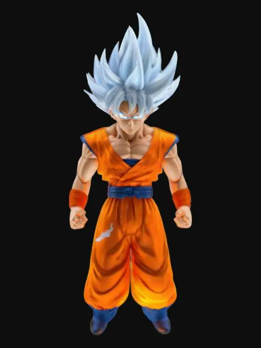 3D model for 
"A highly detailed 3D model of Goku in Perfected Ultra Instinct form (The State of the Angels), anime style, standing in a powerful and calm pose, silver spiky hair, silver glowing eyes, muscular build, wearing a torn orange and blue gi with glowing aura effects, slightly floating above the ground, divine and ethereal presence, high-resolution textures, suitable for collectible figure or 3D animation.