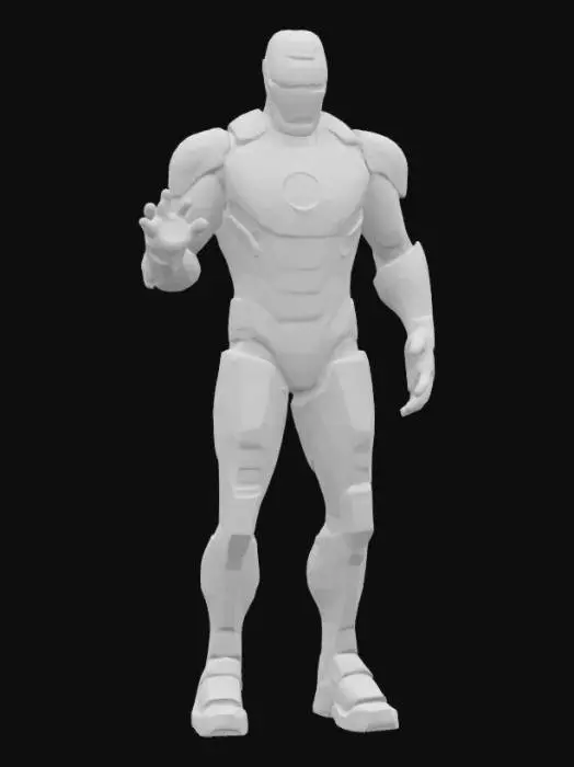 3D model for A highly detailed 3D model of Iron Man in his iconic red and gold armor, standing in a heroic pose, glowing arc reactor in the chest, repulsor lights on palms and feet, sleek and futuristic design, realistic metallic textures, battle-ready stance, inspired by MCU style, suitable for collectible figure or 3D animation, standing on a tech base platform.