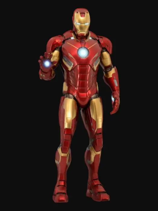 3D model for A highly detailed 3D model of Iron Man in his iconic red and gold armor, standing in a heroic pose, glowing arc reactor in the chest, repulsor lights on palms and feet, sleek and futuristic design, realistic metallic textures, battle-ready stance, inspired by MCU style, suitable for collectible figure or 3D animation, standing on a tech base platform.
