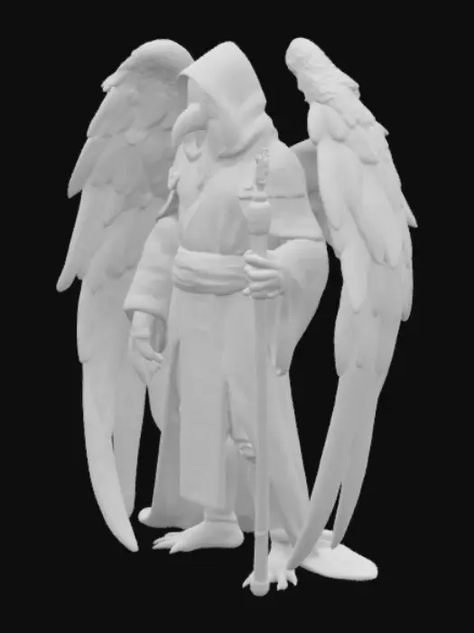 3D model for A humanoid eagle sorcerer with large feathered wings, wearing a mystical hooded robe with ancient runes, holding a glowing magical staff, sharp talons, intelligent eagle eyes, majestic and wise appearance, cinematic lighting, hyperrealistic details, fantasy character design, standing on a rocky cliff with a stormy sky background, powerful and mystical aura
