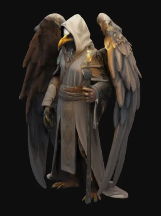 3D model for A humanoid eagle sorcerer with large feathered wings, wearing a mystical hooded robe with ancient runes, holding a glowing magical staff, sharp talons, intelligent eagle eyes, majestic and wise appearance, cinematic lighting, hyperrealistic details, fantasy character design, standing on a rocky cliff with a stormy sky background, powerful and mystical aura
