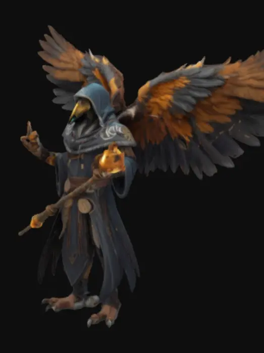 3D model for A humanoid eagle sorcerer with large feathered wings, wearing a mystical hooded robe with ancient runes, holding a glowing magical staff, sharp talons, intelligent eagle eyes, majestic and wise appearance, cinematic lighting, hyperrealistic details, fantasy character design, standing on a rocky cliff with a stormy sky background, powerful and mystical aura
