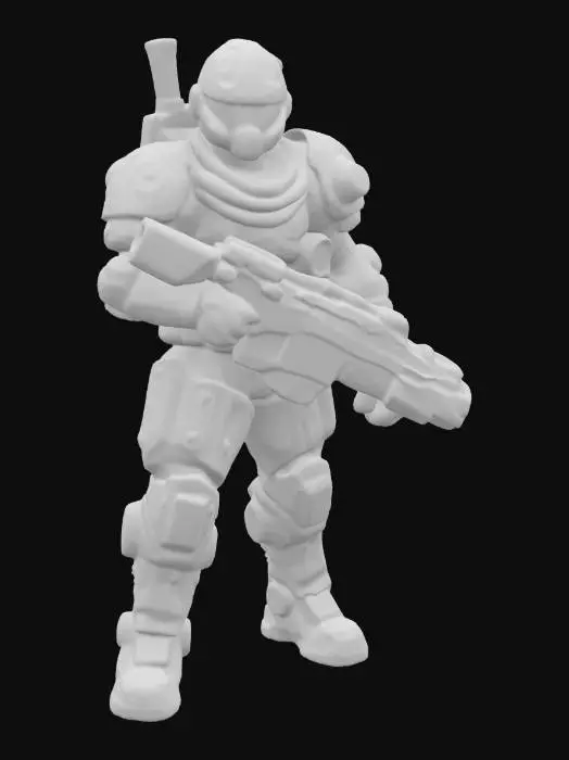 3D model for Sci-fi warrior miniature for tabletop games, armored in bulky power armor with tubes and cybernetic implants, holding a plasma rifle, helmet with glowing visor, tactical gear and robotic limbs, standing on a spaceship deck base.