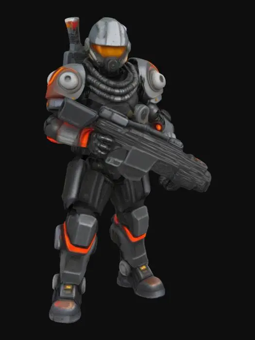 3D model for Sci-fi warrior miniature for tabletop games, armored in bulky power armor with tubes and cybernetic implants, holding a plasma rifle, helmet with glowing visor, tactical gear and robotic limbs, standing on a spaceship deck base.