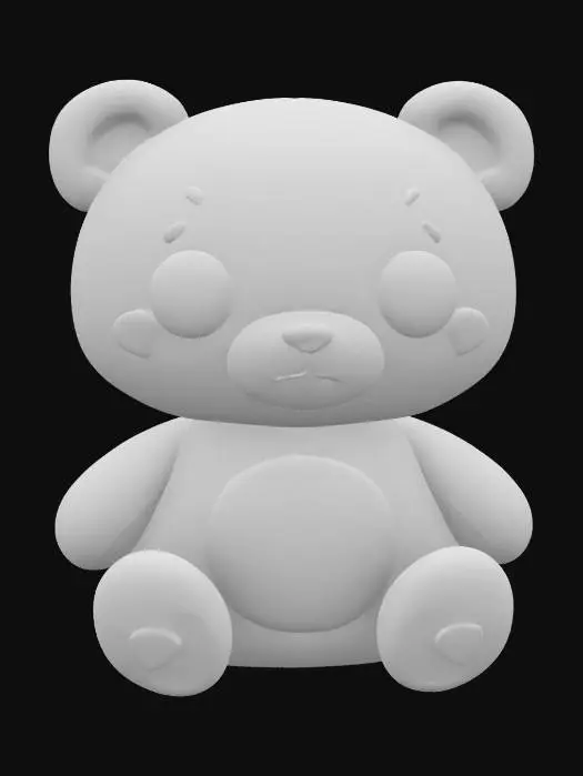3D model for Adorable cartoon bear, kawaii style, big black eyes, smooth texture, sitting position, small rounded body, big head, tiny ears, no fur details, simplified minimal design, like a desk toy figurine.