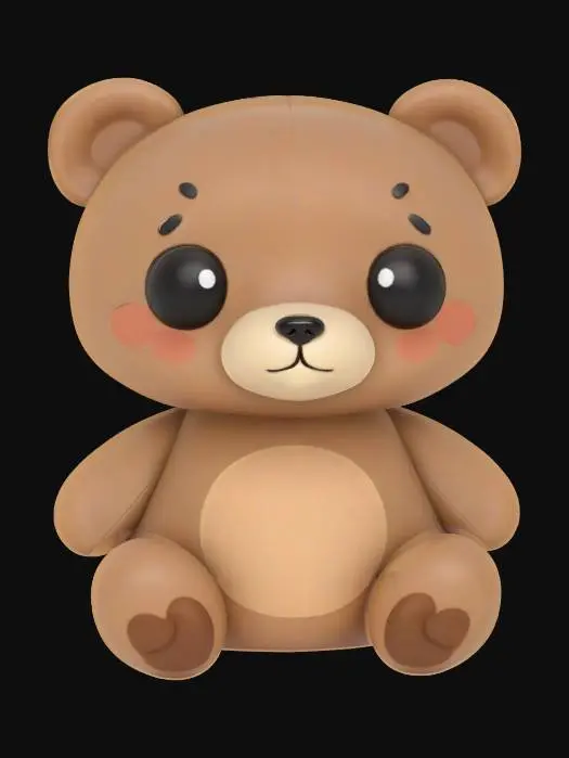 3D model for Adorable cartoon bear, kawaii style, big black eyes, smooth texture, sitting position, small rounded body, big head, tiny ears, no fur details, simplified minimal design, like a desk toy figurine.