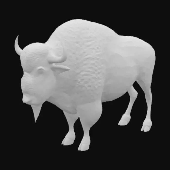 3D model for Hyper-realistic 3D model of an American bison standing in a neutral pose. Massive, muscular body with shaggy dark brown fur concentrated around the head, shoulders, and front legs, transitioning to shorter, coarser hair along the back and hindquarters. Broad, humped shoulders and pronounced neck muscles. Thick, curved black horns with natural texture and wear. Deep-set eyes with calm but powerful expression. Textured hooves and visible folds of skin, subtle dirt and dust in fur for realism. Ultra-high-resolution fur and skin textures with natural variation in color and thickness. Accurate anatomical proportions. No background. Neutral, studio-style lighting for maximum detail clarity. Optimized for cinematic rendering or high-fidelity asset use.