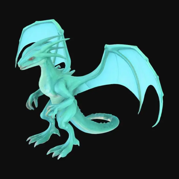 3D model for Ultra-detailed 3D model of a sleek, alien aerial creature inspired by a dragon and pterosaur. Slender, agile body with four limbs and two expansive, membranous wings attached to elongated arms. Long, aerodynamic tail with fin-like stabilizers. Smooth, scale-textured skin in vibrant shades of teal, blue, and green, with luminous bioluminescent patterns tracing the wings and spine. Elongated neck leading to a narrow, reptilian head with sharp eyes, crest fins, and a split lower jaw structure. Clawed feet with gripping talons for perching. Wings extended in a neutral pose. No background, neutral studio lighting. High-resolution skin and wing membrane textures, designed for cinematic-quality renders.