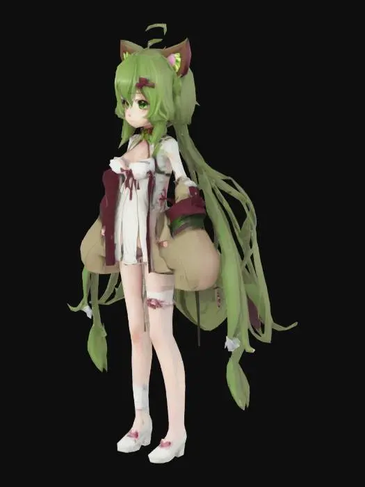 3D model for Forest Spirit Feline, young Anime girl, genshin impact style, tall, light lime hair, pale skin, cute beige whit red detail sweater, white top.