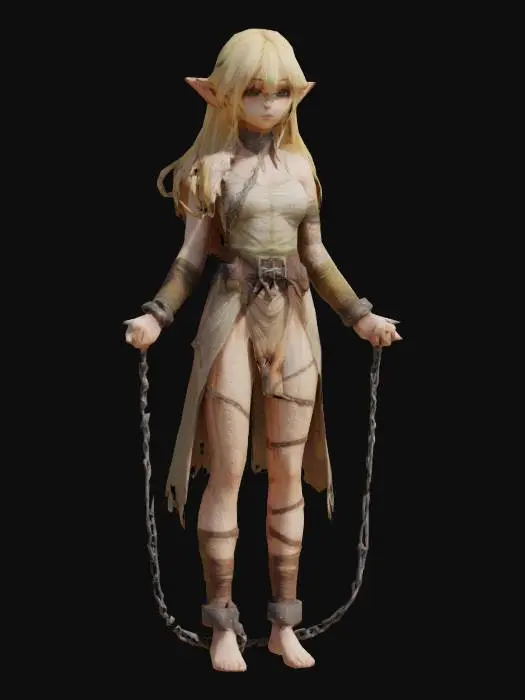 3D model for Captured Elf, Anime girl, genshin impact style, tall, Really light blonde hair, pale skin, ragged clothes, choker, chains in wrist and ankles.