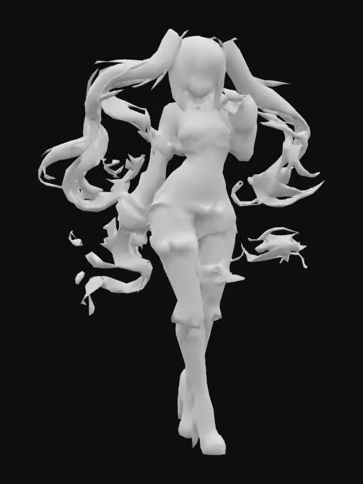 3D model for Gothic Warrior Anime Character, Cyber Warrior, Anime girl, genshin impact style, tall, Really long Twin tail Black hair, blue eyes, pale skin, scifi bikini black top, black shorts, long fingerless black gloves, and black tall tights, and black boots with white details. full body.