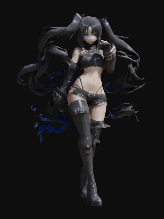 3D model for Gothic Warrior Anime Character, Cyber Warrior, Anime girl, genshin impact style, tall, Really long Twin tail Black hair, blue eyes, pale skin, scifi bikini black top, black shorts, long fingerless black gloves, and black tall tights, and black boots with white details. full body.