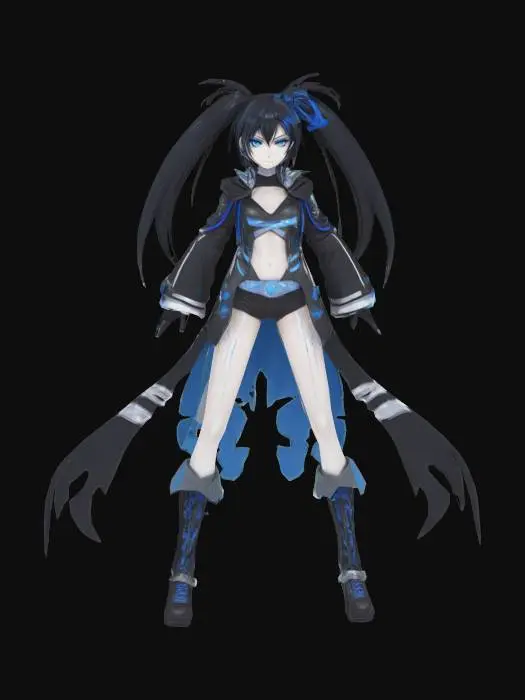 3D model for Cyber Warrior, Anime girl, genshin impact style, tall, Really long Twin tail black hair, blue eyes, pale skin, scifi Black coat with white details an a white star on thee back, bikini black top, black shorts, fingerless gloves, and Black tall boots with white details.
