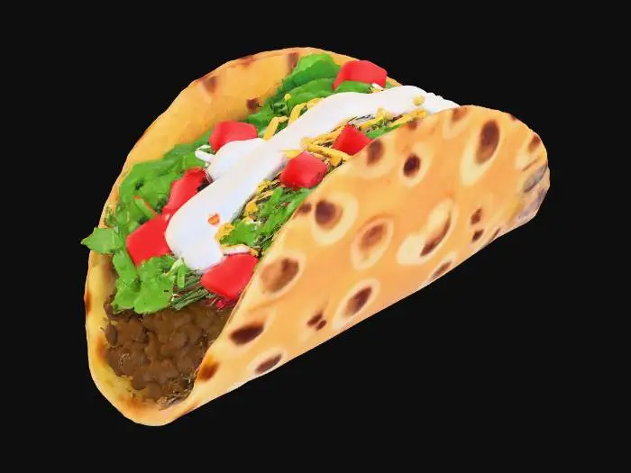 3D model for a nice and delicious ultra realistic taco, extreme details, well lit, no decoration besides it