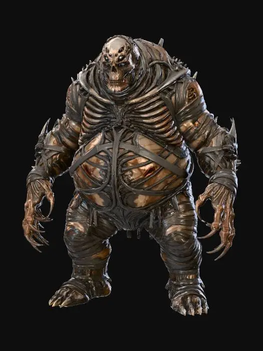3D model for #Halloween2025#, create a horrifying cenobite overlord hulking and obese xeno monster, rotten flesh, black leather classical and dark metal  exo structure, hellraiser look and feel, design patterns inspired by HR Giger,  natural A stance extreme details ,evil and sinister, disturbing appearance, on neutral background, multiple pitch black eyes, #Halloween2025#, extreme details, well lit, distressed textures, no weapons fingers end in massive steel claws, spikes, and nails, utterly disturbing
