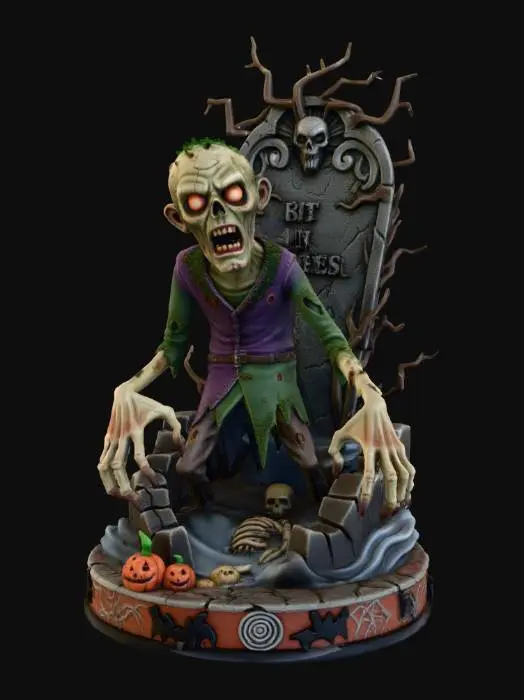 3D model for #Halloween2025#, stylized spooky halloween zombie, emerging from a grave in front of a stylized tombstone on  a  halloween themed base,  overall handpainted look and feel, masterfully crafted, extreme details,  on neutral grey background, natural but slightly vibrant colors, well lit , distressed textures ,  extreme details,  highest resolution,  pixar style meets tim burton#Halloween2025#, #Halloween2025#
