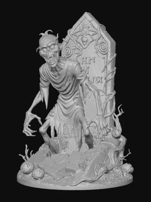 3D model for #Halloween2025#, stylized spooky halloween zombie, emerging from a grave in front of a stylized tombstone on  a  halloween themed base,  overall handpainted look and feel, masterfully crafted, extreme details,  on neutral grey background, natural but slightly vibrant colors, well lit , distressed textures ,  extreme details,  highest resolution,  pixar style meets tim burton#Halloween2025#, #Halloween2025#