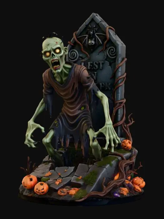 3D model for #Halloween2025#, stylized spooky halloween zombie, emerging from a grave in front of a stylized tombstone on  a  halloween themed base,  overall handpainted look and feel, masterfully crafted, extreme details,  on neutral grey background, natural but slightly vibrant colors, well lit , distressed textures ,  extreme details,  highest resolution,  pixar style meets tim burton#Halloween2025#, #Halloween2025#