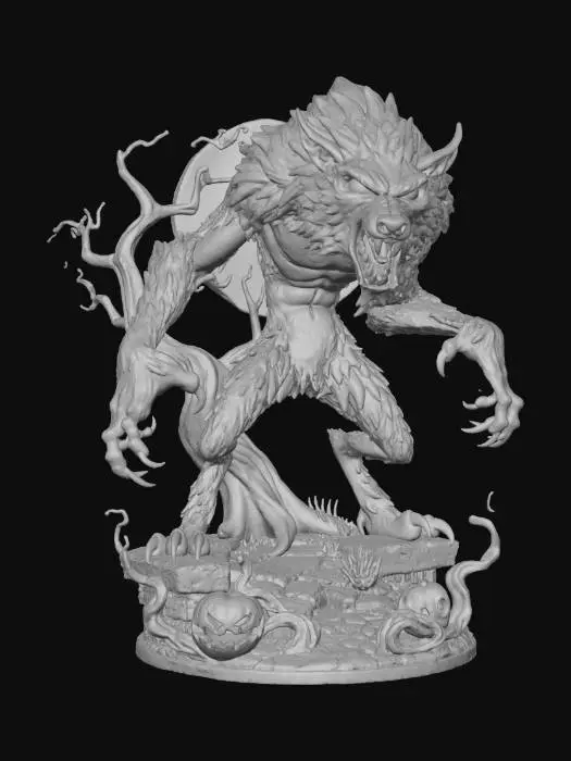 3D model for #Halloween2025#, stylized spooky halloween werewolf, on  a stylized  halloween themed base,  a crooked tree is behind it, overall handpainted look and feel, masterfully crafted, extreme details,  on neutral grey background, natural but slightly vibrant colors, well lit , distressed textures ,  extreme details,  highest resolution,  pixar style meets tim burton#Halloween2025#, #Halloween2025#