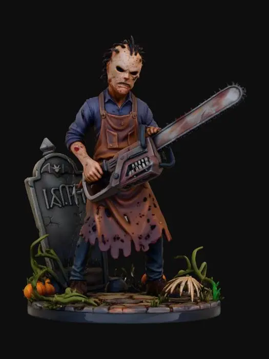 3D model for #Halloween2025#, stylized spooky halloween leatherface, wielding a mssive chainsaw on  a stylized  halloween themed base,  a crooked tombstone behind him, overall handpainted look and feel, masterfully crafted, extreme details,  on neutral grey background, natural but slightly vibrant colors, well lit , distressed textures ,  extreme details,  highest resolution,   style  tim burton#Halloween2025#, #Halloween2025#