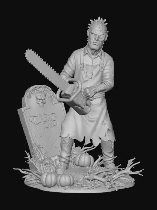 3D model for #Halloween2025#, stylized spooky halloween leatherface, wielding a mssive chainsaw on  a stylized  halloween themed base,  a crooked tombstone behind him, overall handpainted look and feel, masterfully crafted, extreme details,  on neutral grey background, natural but slightly vibrant colors, well lit , distressed textures ,  extreme details,  highest resolution,   style  tim burton#Halloween2025#, #Halloween2025#