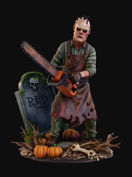 3D model for #Halloween2025#, stylized spooky halloween leatherface, wielding a mssive chainsaw on  a stylized  halloween themed base,  a crooked tombstone behind him, overall handpainted look and feel, masterfully crafted, extreme details,  on neutral grey background, natural but slightly vibrant colors, well lit , distressed textures ,  extreme details,  highest resolution,   style  tim burton#Halloween2025#, #Halloween2025#