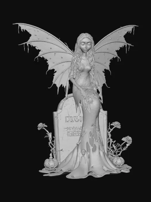 3D model for #Halloween2025#, stylized spooky halloweendeath fairy female, beautiful but disturbing,   on  a stylized  halloween themed base, sitting on acrooked tombstone , overall handpainted look and feel, masterfully crafted, extreme details,  on neutral grey background, natural but slightly vibrant colors, well lit , distressed textures ,  extreme details,  highest resolution,   style  tim burton #Halloween2025#, #Halloween2025#