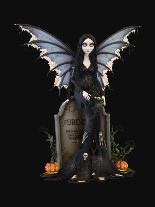 3D model for #Halloween2025#, stylized spooky halloweendeath fairy female, beautiful but disturbing,   on  a stylized  halloween themed base, sitting on acrooked tombstone , overall handpainted look and feel, masterfully crafted, extreme details,  on neutral grey background, natural but slightly vibrant colors, well lit , distressed textures ,  extreme details,  highest resolution,   style  tim burton #Halloween2025#, #Halloween2025#