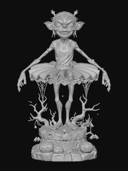 3D model for #Halloween2025#, stylized spooky halloween version of Gollum in a silly pink halloween ballerina outift on  a stylized  halloween themed base,  , overall handpainted look and feel, masterfully crafted, extreme details,  on neutral grey background, natural but slightly vibrant colors, well lit , distressed textures ,  extreme details,  highest resolution,   style  Stylized #Halloween2025#, #Halloween2025#