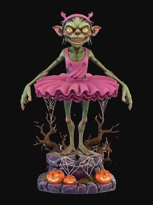 3D model for #Halloween2025#, stylized spooky halloween version of Gollum in a silly pink halloween ballerina outift on  a stylized  halloween themed base,  , overall handpainted look and feel, masterfully crafted, extreme details,  on neutral grey background, natural but slightly vibrant colors, well lit , distressed textures ,  extreme details,  highest resolution,   style  Stylized #Halloween2025#, #Halloween2025#