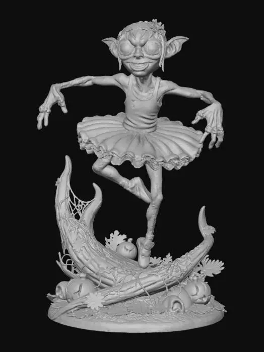 3D model for #Halloween2025#, stylized spooky halloween version of Gollum in a silly pink halloween ballerina outift on  a stylized  halloween themed base,  , overall handpainted look and feel, masterfully crafted, extreme details,  on neutral grey background, natural but slightly vibrant colors, well lit , distressed textures ,  extreme details,  highest resolution,   style  Stylized #Halloween2025#, #Halloween2025#