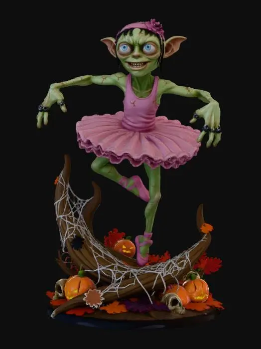 3D model for #Halloween2025#, stylized spooky halloween version of Gollum in a silly pink halloween ballerina outift on  a stylized  halloween themed base,  , overall handpainted look and feel, masterfully crafted, extreme details,  on neutral grey background, natural but slightly vibrant colors, well lit , distressed textures ,  extreme details,  highest resolution,   style  Stylized #Halloween2025#, #Halloween2025#