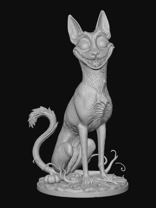 3D model for #Halloween2025#, ultra realistic cute belgian malinois chesire dog on a simple halloween themed base, masterfully crafted, extreme details, on neutral grey background, vibrant colors, well lit , , extreme details, tim burton style highest resolution, evil grin #Halloween2025#, #Halloween2025#