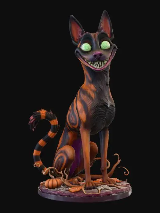 3D model for #Halloween2025#, ultra realistic cute belgian malinois chesire dog on a simple halloween themed base, masterfully crafted, extreme details, on neutral grey background, vibrant colors, well lit , , extreme details, tim burton style highest resolution, evil grin #Halloween2025#, #Halloween2025#