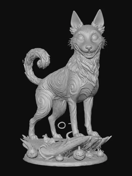 3D model for #Halloween2025#, ultra realistic cute belgian malinois chesire dog on  a simple halloween themed base,  masterfully crafted, extreme details,  on neutral grey background, natural but slightly vibrant colors, well lit , ,  extreme details,  highest resolution,    #Halloween2025#, #Halloween2025#