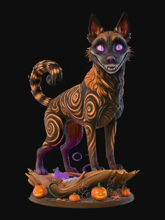 3D model for #Halloween2025#, ultra realistic cute belgian malinois chesire dog on  a simple halloween themed base,  masterfully crafted, extreme details,  on neutral grey background, natural but slightly vibrant colors, well lit , ,  extreme details,  highest resolution,    #Halloween2025#, #Halloween2025#