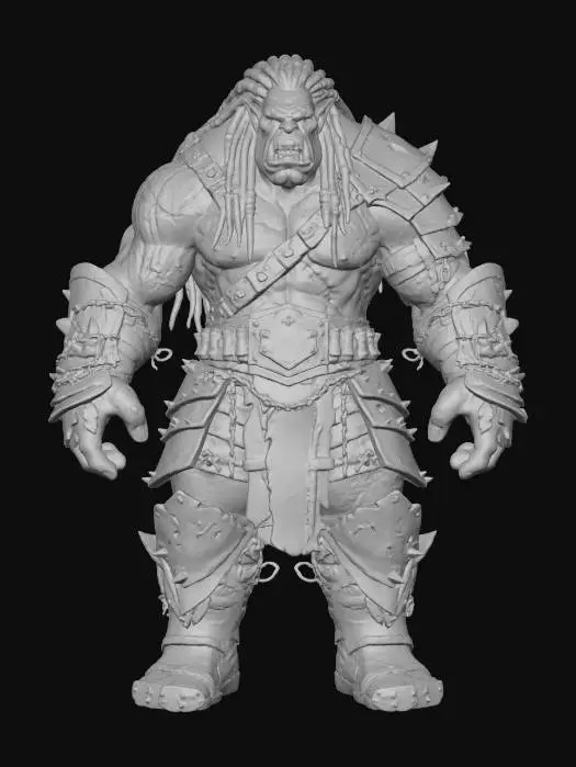 3D model for a massive orc brute berserker, no weapons. natural a pose, primitive d.i.y armor, ritual scars, menacing , aggressive, brutal, extreme details, i a subtle environment, dreadlocks, wild, feral, battle worn, distressed textures, dark and gloomy, this guy has seen a thousand battles, lord of the rings look and feel