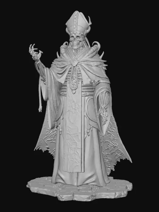 3D model for a full body concept of a cyborg exterminator pope, no weapons. natural a pose, , extreme details, in a subtle environment, a dystopian sci fi cult leader, distressed textures, dark and gloomy, HR Giger inspoired design patterns natural colors, desaturated,