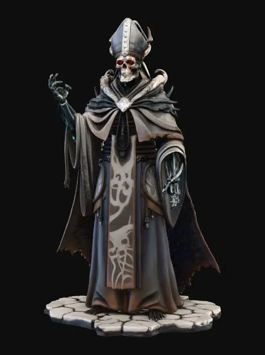 3D model for a full body concept of a cyborg exterminator pope, no weapons. natural a pose, , extreme details, in a subtle environment, a dystopian sci fi cult leader, distressed textures, dark and gloomy, HR Giger inspoired design patterns natural colors, desaturated,