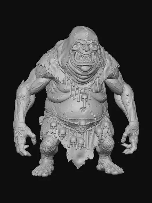 3D model for a grey chavant figurine of amassive, hulking  hideous, obese, fat and disgusting  cave troll wearing a huge rugged d.i.y. hood shadows his face, and rough tribal leather d.i.y. attire stitched together with rough leather  strings,  human bones and skulls are hanging from his belt,  ultra realistic, natural dynamic a pose, extreme details, on neutral mid grey background, studio lighting, exaggerated proportions, long arms, big head and feet, big eyes, wide mouth full of chaotic irregular teeth, evil grin, greedy look in his eyes, gnarly look and feel, utterly ugly , infected wrinkly skin covered with blisters, warts, utterly fat and obese, high frequency details on skin