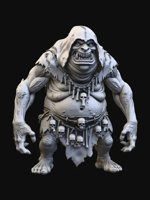 3D model for a grey chavant figurine of amassive, hulking  hideous, obese, fat and disgusting  cave troll wearing a huge rugged d.i.y. hood shadows his face, and rough tribal leather d.i.y. attire stitched together with rough leather  strings,  human bones and skulls are hanging from his belt,  ultra realistic, natural dynamic a pose, extreme details, on neutral mid grey background, studio lighting, exaggerated proportions, long arms, big head and feet, big eyes, wide mouth full of chaotic irregular teeth, evil grin, greedy look in his eyes, gnarly look and feel, utterly ugly , infected wrinkly skin covered with blisters, warts, utterly fat and obese, high frequency details on skin