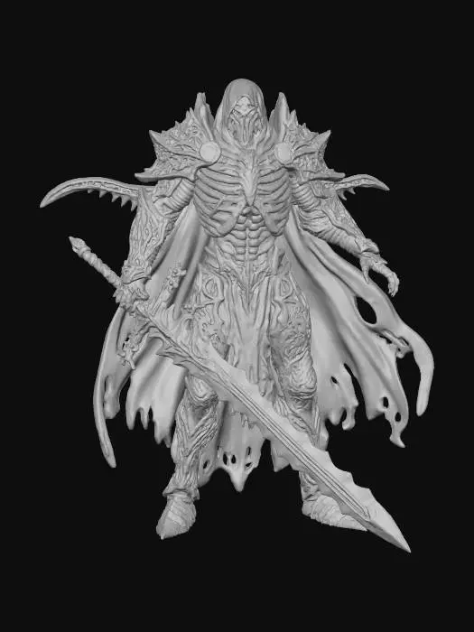 3D model for a pale green chavant figurine of a bone revenant death knight overlord,   ultra realistic, natural dynamic a pose, extreme details, on neutral mid grey background, studio lighting, dark fantasy, design patterns inspired by hr giger,  high frequency details