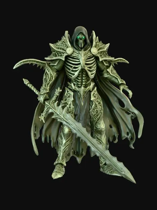 3D model for a pale green chavant figurine of a bone revenant death knight overlord,   ultra realistic, natural dynamic a pose, extreme details, on neutral mid grey background, studio lighting, dark fantasy, design patterns inspired by hr giger,  high frequency details